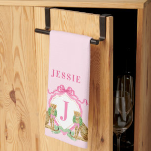 Leopard Christmas Crest Monogram With Name Tea Towel