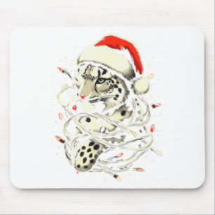 Leopard Christmas Santa Hat Christmas Lights Women Mouse Pad
