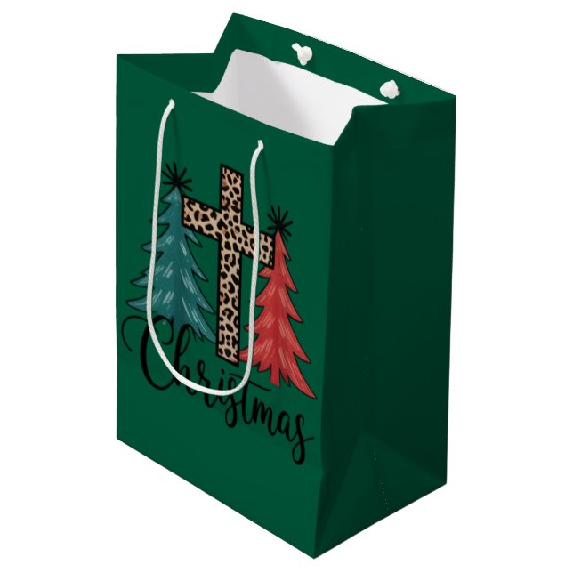 Leopard Cross Christmas Trees Christian  Medium Gift Bag (Front Angled)