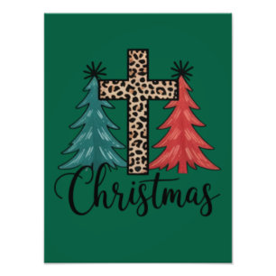 Leopard Cross Christmas Trees Christian Photo Print