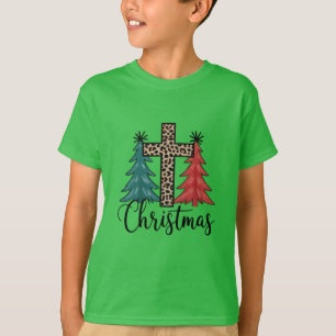 Leopard Cross Christmas Trees Christian T-Shirt
