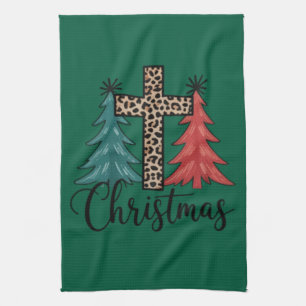 Leopard Cross Christmas Trees Christian Tea Towel