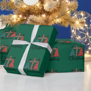 Leopard Cross Christmas Trees Christian Wrapping Paper