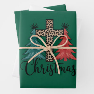 Leopard Cross Christmas Trees Christian Wrapping Paper Sheet