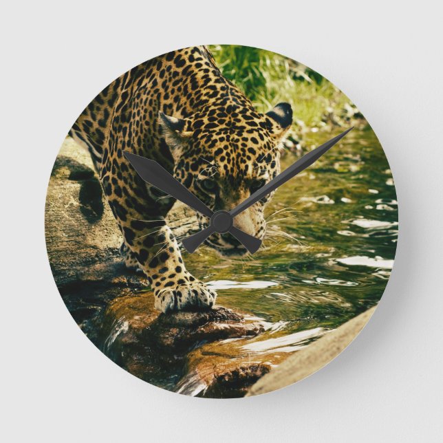 Leopard Crossing a Stream Photograph Round Clock (Front)