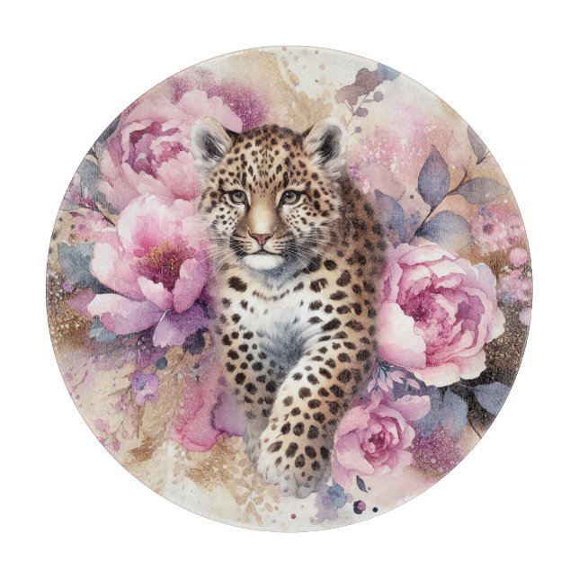 Leopard Cub and Roses Cutting Board (Front)
