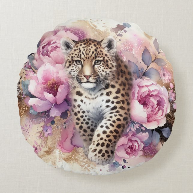 Leopard Cub & Roses Round Throw Pillow (Front)