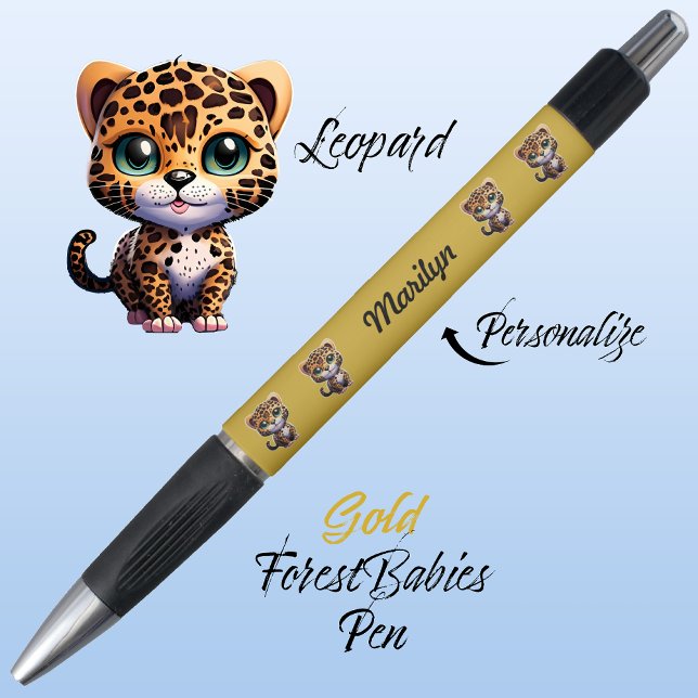 Leopard, Cute Unique Whimsical Cat Graphic Gold (Cute Whimsical Leopard Cartoon Graphic, Gold Customizable ForestBabies Pen 🐆)