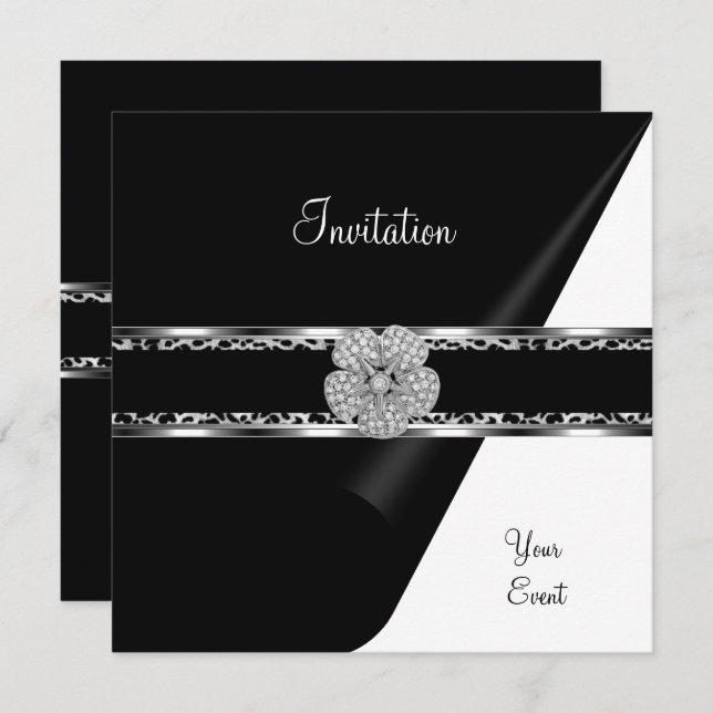 Leopard Diamond Jewel Black Bow Silver Invitation (Front/Back)