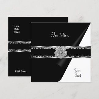 Leopard Diamond Jewel Black Bow Silver Invitation