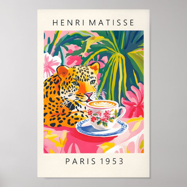 Leopard Drinking Coffee, Henri Matisse Print, Pink Poster (Front)