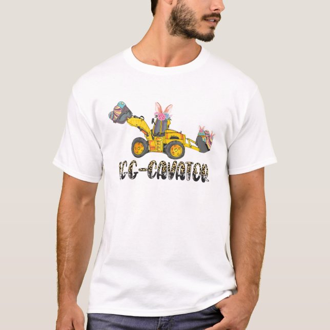 Leopard Egg-Cavator Happy Easter Day Bunny Tractor T-Shirt (Front)