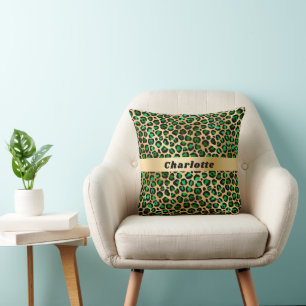 Leopard emerald green gold cheetah pattern name cushion