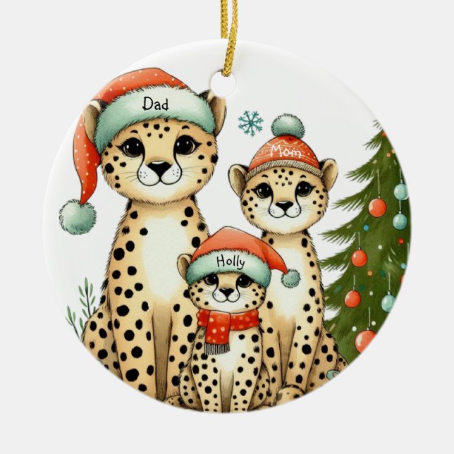 Leopard Family Add Name Ceramic Tree Decoration (Front)