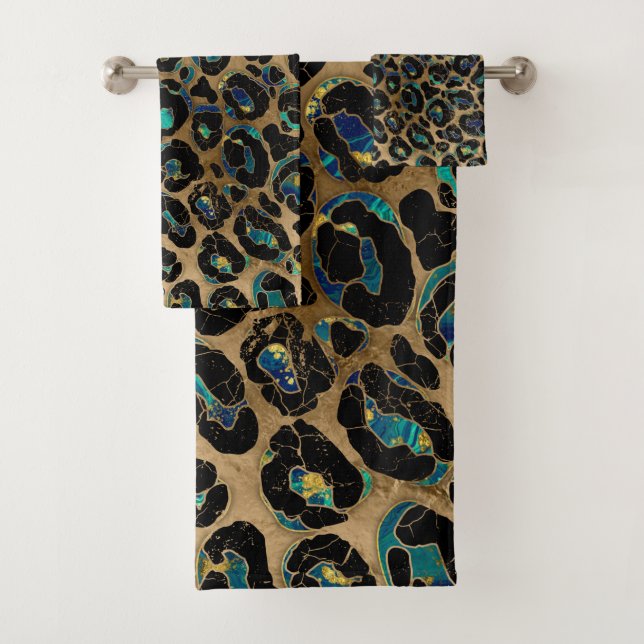 Leopard Faux Fur Texture Marble and gold Bath Towel Set (Insitu)