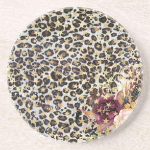 Leopard Floral Gold Stars Sandstone Coasters