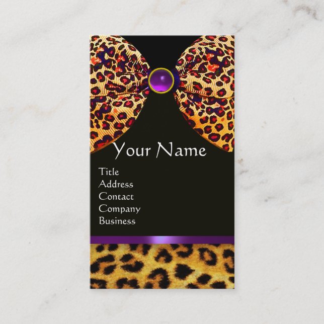 LEOPARD FUR RIBBON ,PURPLE BLACK GEMSTONE MONOGRAM BUSINESS CARD (Front)