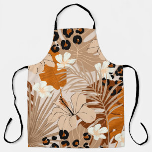 Leopard fur tropical leaves hibiscus flowers seaml apron