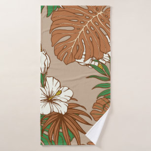 Leopard fur tropical leaves hibiscus flowers seaml bath towel