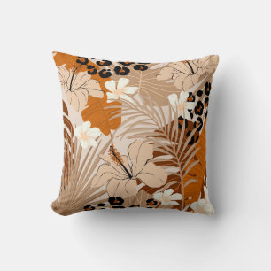 Leopard fur tropical leaves hibiscus flowers seaml cushion
