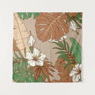 Leopard fur tropical leaves hibiscus flowers seaml tapestry