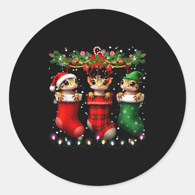 Leopard Gecko In Christmas Socks Lights Leopard Ge Classic Round Sticker (Front)