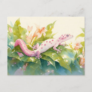 Leopard Gecko with Pink Spot and Lily Flower Postcard