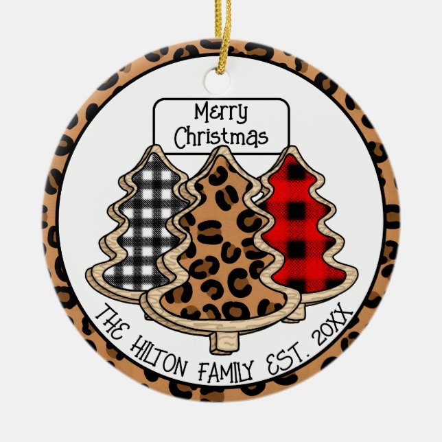 Leopard, Gingham and Buffalo Plaid Christmas Trees Ceramic Tree Decoration (Front)