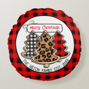 Leopard, Gingham and Buffalo Plaid Christmas Trees Round Cushion