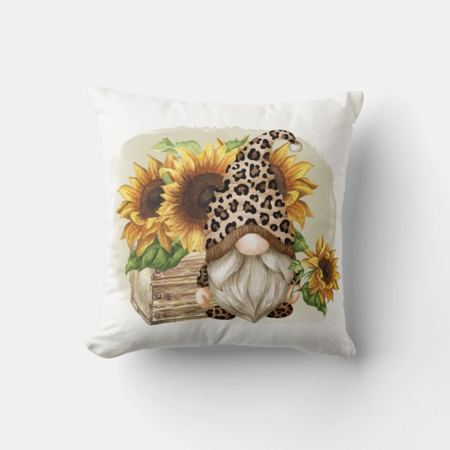 Leopard Gnome Sunflowers Cushion (Front)