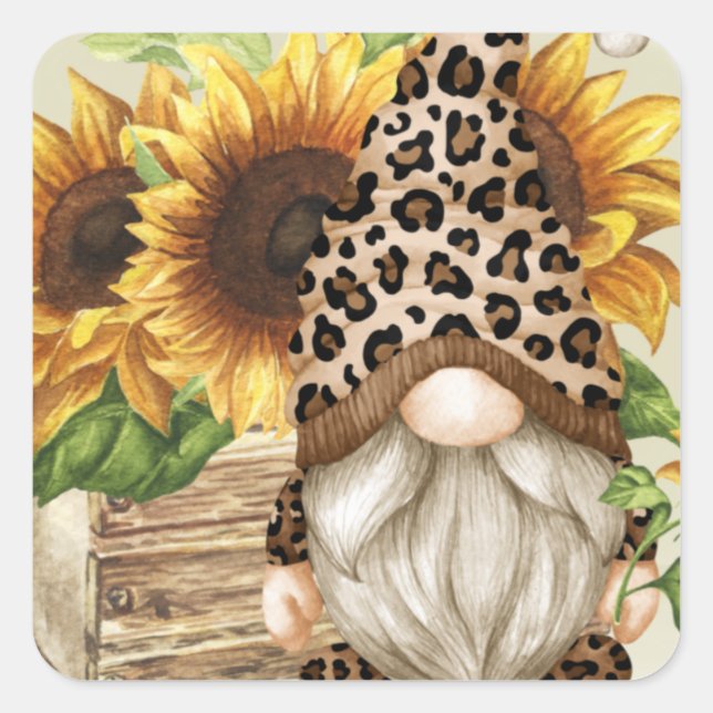 Leopard Gnome Sunflowers Square Sticker (Front)