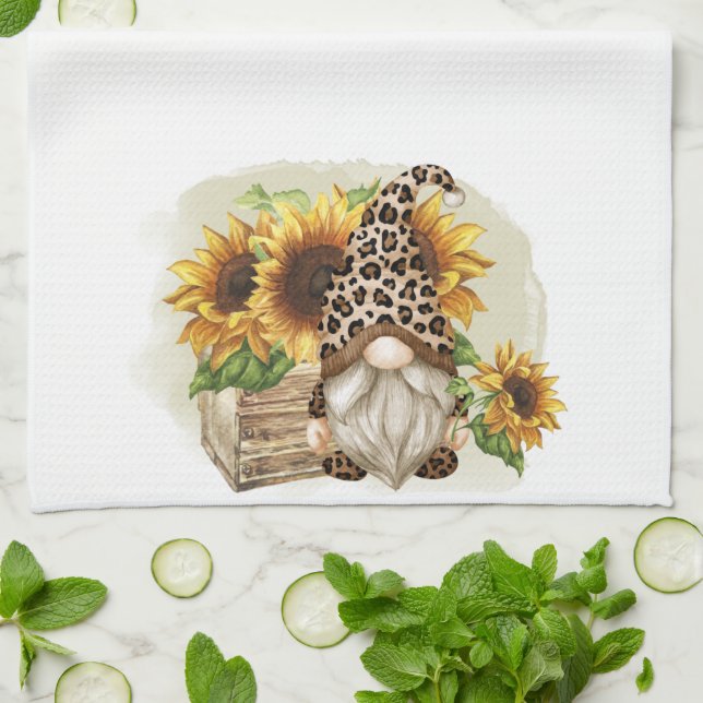 Leopard Gnome Sunflowers Tea Towel (Folded)