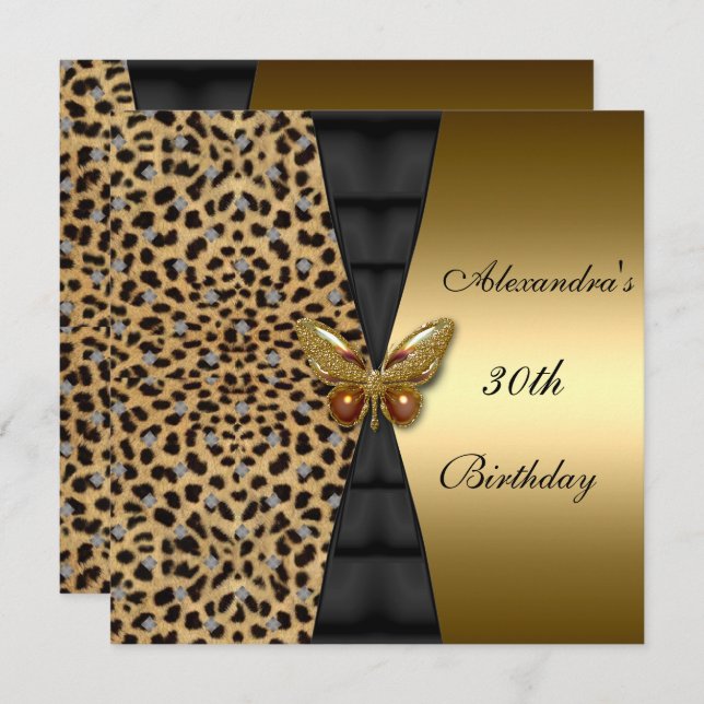Leopard gold Animal 30th Birthday Butterfly Invitation (Front/Back)
