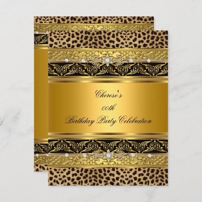 Leopard Gold Birthday Party Elegant Diamond Black Invitation (Front/Back)