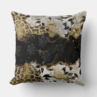 Leopard Gold Black Roses Agate Throw Pillow