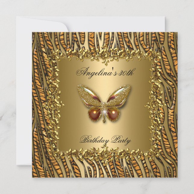 Leopard Gold Butterfly Birthday Party 50th Invitation (Front)