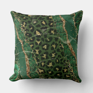 Leopard Gold Green Roses Agate Throw Pillow