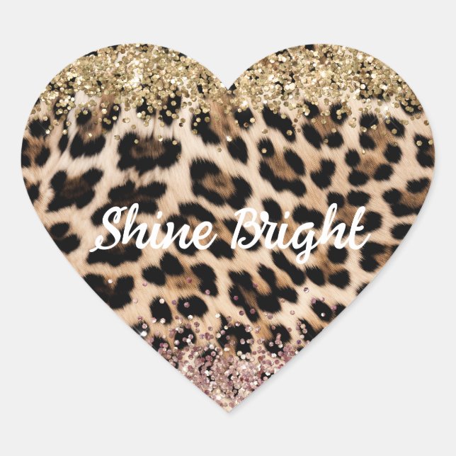 Leopard Gold Pink Glitter Heart Sticker (Front)