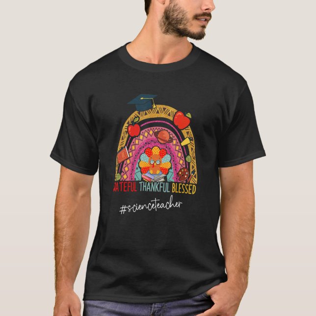 Leopard Grateful Thankful Science Teacher Rainbow T-Shirt (Front)