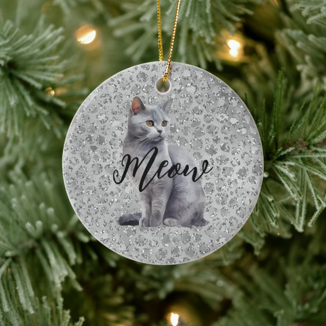 Leopard Grey Meow Kitty Cat  Ceramic Tree Decoration (Tree)