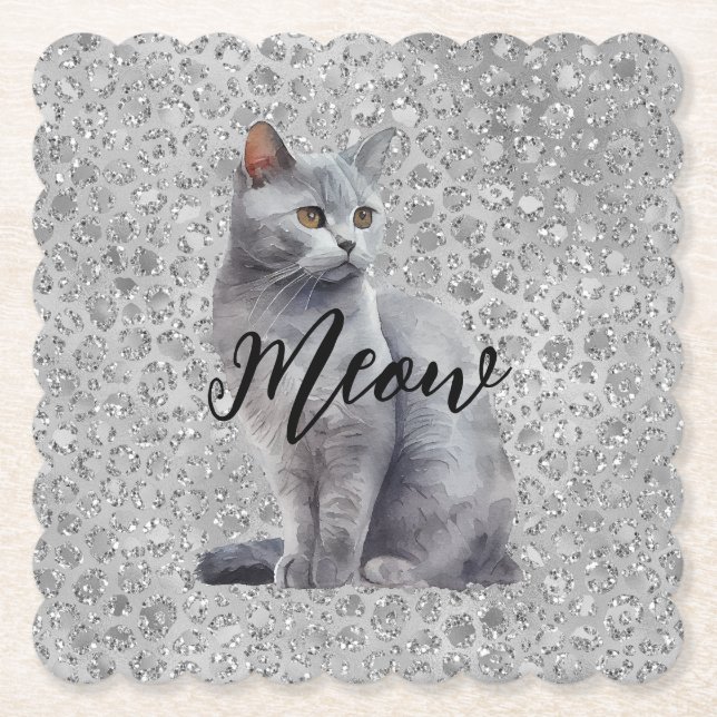 Leopard Grey Meow Kitty Cat  Paper Coaster (Front)