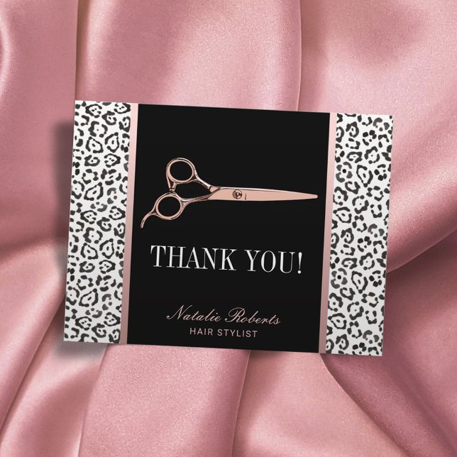 Leopard Hair Stylist Rose Gold Scissor Thank You Postcard (Creator Uploaded)