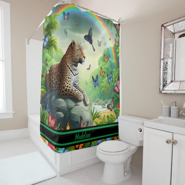Leopard Haven: Colourful Tropical Surroundings Shower Curtain (In Situ)