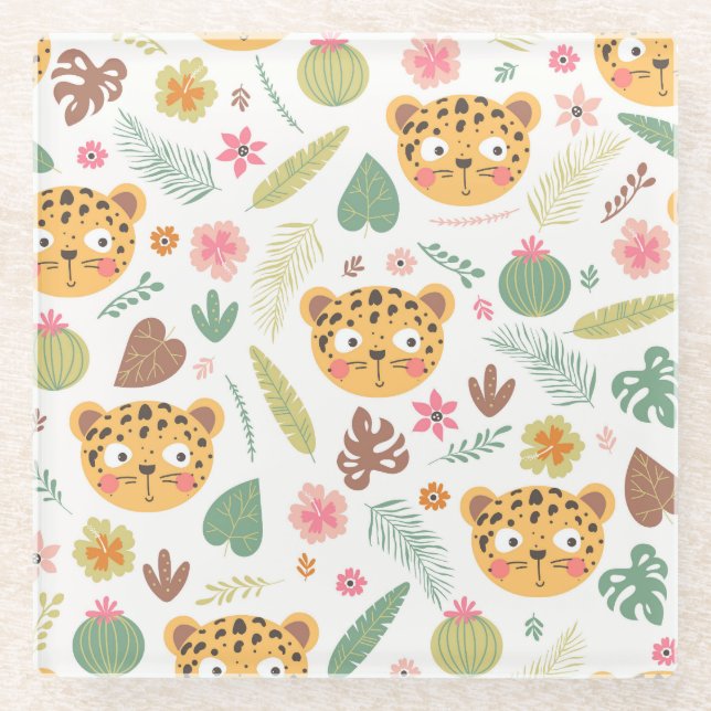 Leopard Head Tropical Plants Pattern Glass Coaster (Front)