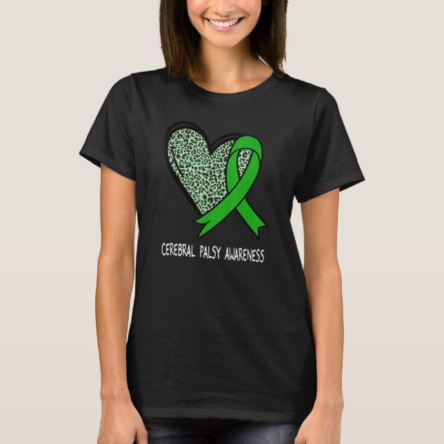 Leopard Heart Cerebral Palsy Awareness Green Ribbo T-Shirt (Front)