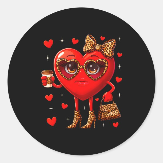 Leopard Heart Drinking Coffee Valentines Day Women Classic Round Sticker (Front)