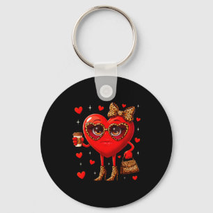 Leopard Heart Drinking Coffee Valentines Day Women Key Ring