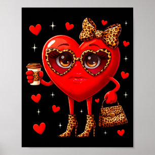 Leopard Heart Drinking Coffee Valentines Day Women Poster