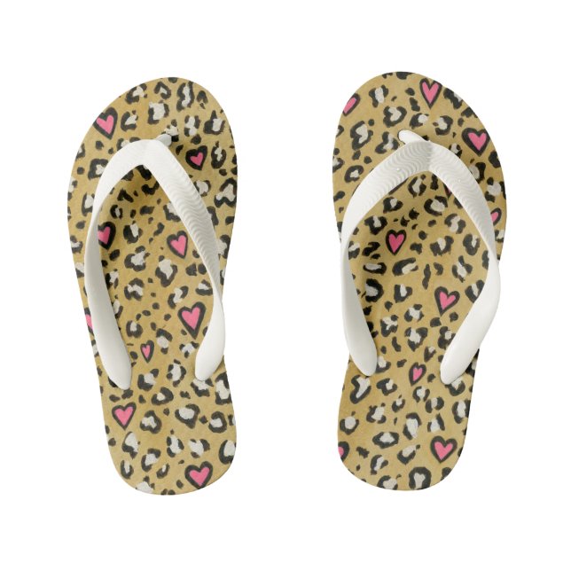 Leopard heart / leopard animal print pink heart kid's jandals (Footbed)