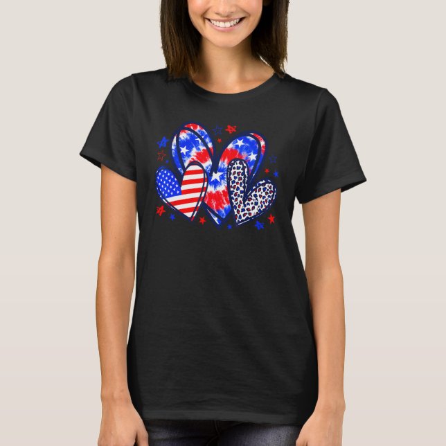 Leopard Heart Red White Blue American Flag 4th Of  T-Shirt (Front)